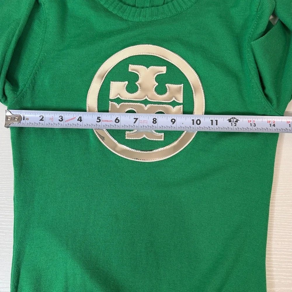 Tory Burch Wool Logo Pullover Sweater - Kelly Green with Silver Metallic Logo - Picture 12 of 15